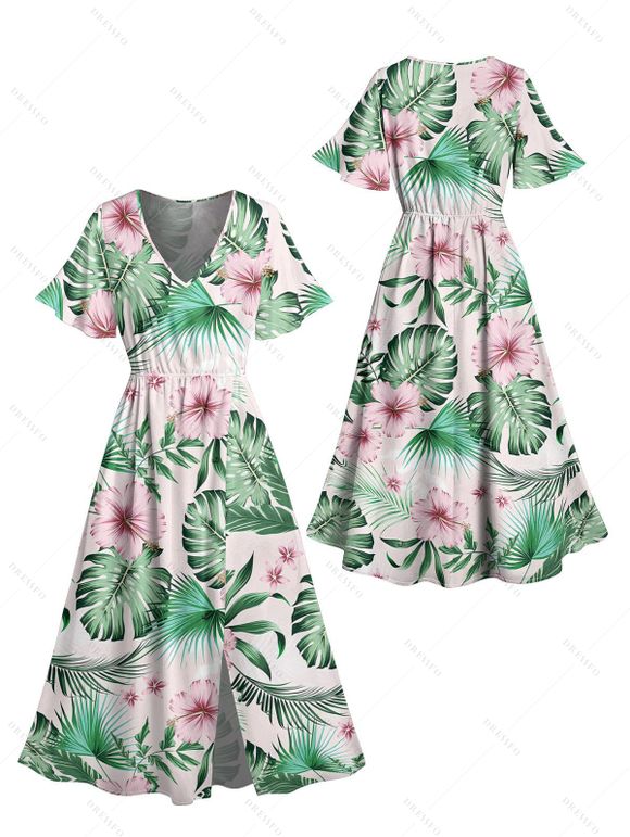 Vacation Couple Outfit for Beach Tropical Leaf Floral Print Slit Dress and Shirt Set - Vert clair S | US 4