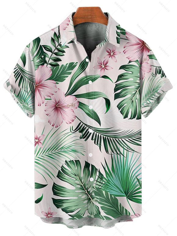 Vacation Couple Outfit for Beach Tropical Leaf Floral Print Slit Dress and Shirt Set - Vert clair S | US 4