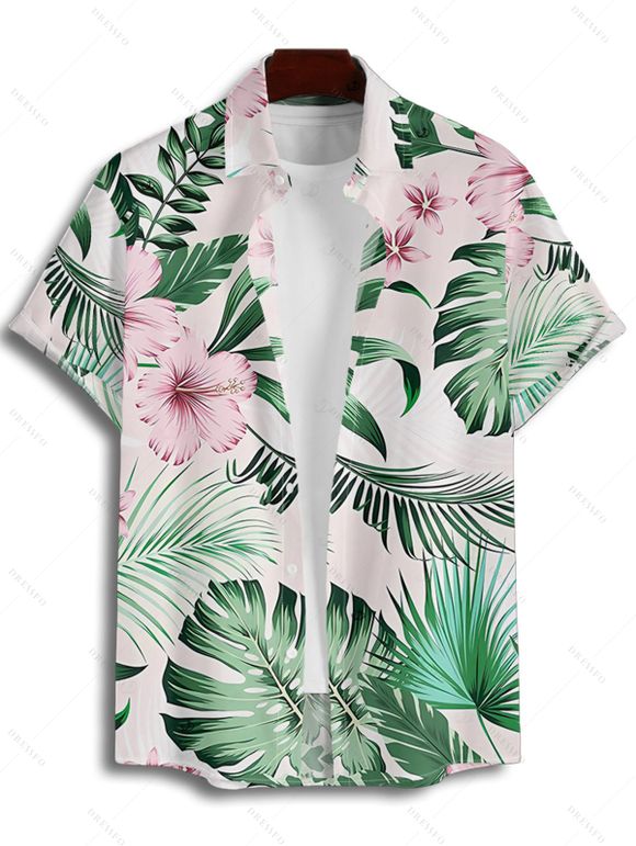 Vacation Couple Outfit for Beach Tropical Leaf Floral Print Slit Dress and Shirt Set - Vert clair S | US 4