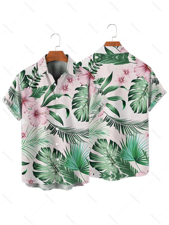 Vacation Couple Outfit for Beach Tropical Leaf Floral Print Slit Dress and Shirt Set - Vert clair S | US 4