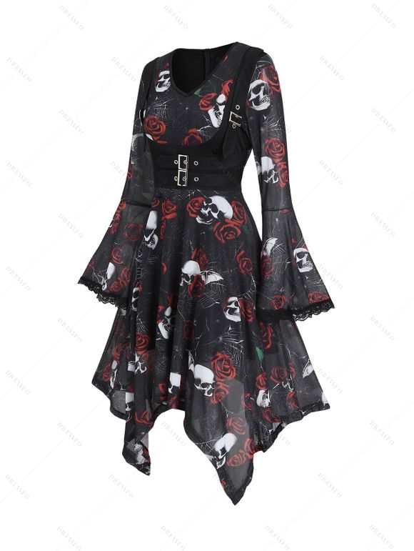 Robe gothique à imprimé tête de mort et roses, empiècement en dentelle et boucle, robe mouchoir - Noir XXL | US 14