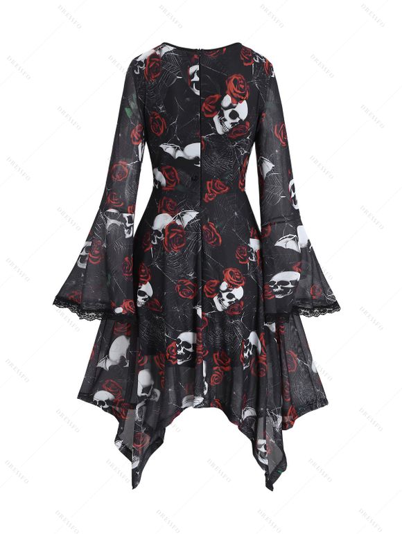Robe gothique à imprimé tête de mort et roses, empiècement en dentelle et boucle, robe mouchoir - Noir XXL | US 14