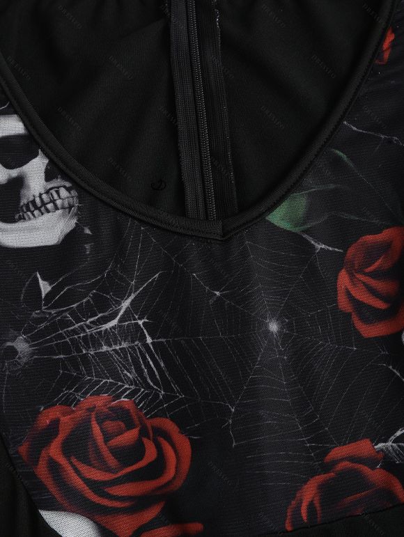 Robe gothique à imprimé tête de mort et roses, empiècement en dentelle et boucle, robe mouchoir - Noir XXL | US 14