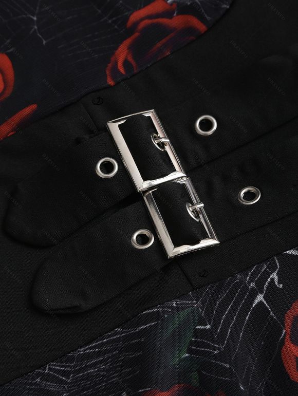 Robe gothique à imprimé tête de mort et roses, empiècement en dentelle et boucle, robe mouchoir - Noir XXL | US 14