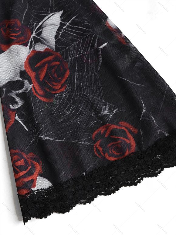 Robe gothique à imprimé tête de mort et roses, empiècement en dentelle et boucle, robe mouchoir - Noir XXL | US 14