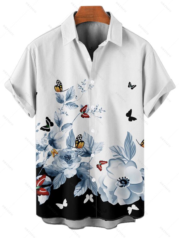 Chemise de vacances pour homme, boutonnée, imprimé floral papillon colorblock - Noir 5XL