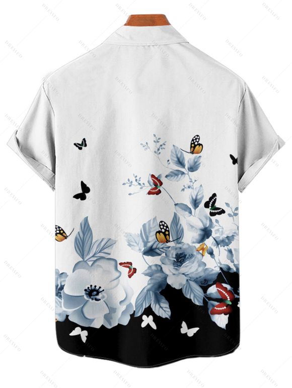 Chemise de vacances pour homme, boutonnée, imprimé floral papillon colorblock - Noir 4XL