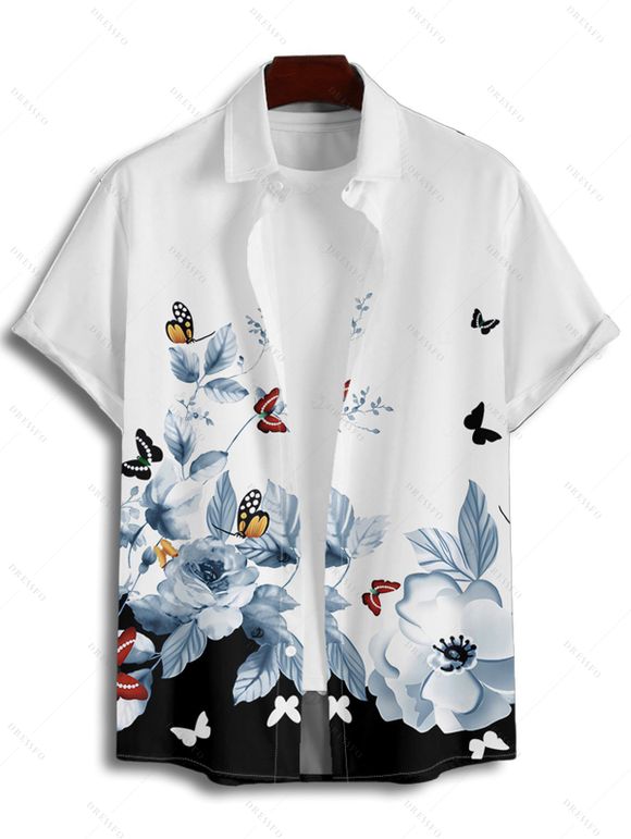 Chemise de vacances pour homme, boutonnée, imprimé floral papillon colorblock - Noir 4XL