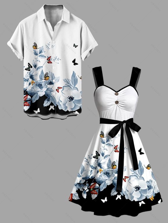 Vacation Couple Outfit Butterfly Floral Print Ruched Belt Dress and Shirt Set - Noir S | US 4