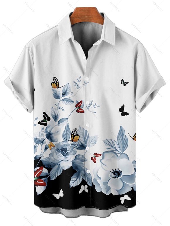 Vacation Couple Outfit Butterfly Floral Print Ruched Belt Dress and Shirt Set - Noir S | US 4
