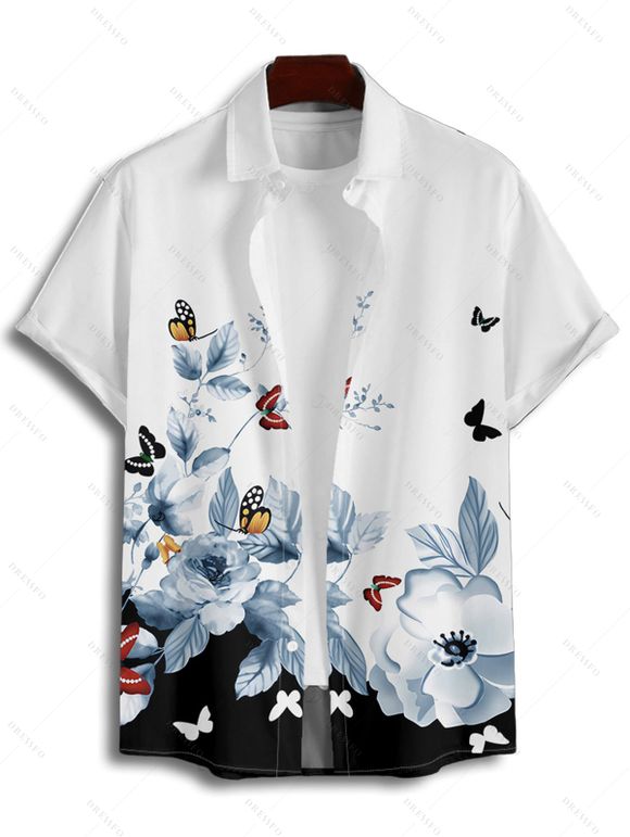 Vacation Couple Outfit Butterfly Floral Print Ruched Belt Dress and Shirt Set - Noir S | US 4