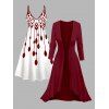 Ensemble de vacances 2 pièces, robe à bretelles spaghetti à imprimé géométrique et haut ouvert sur le devant - Rouge Vineux XXXXL | US 18