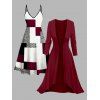 Ensemble robe à bretelles spaghetti et haut ouvert sur le devant à imprimé géométrique colorblock - Rouge foncé XXXXL | US 18