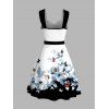 Robe de vacances à imprimé floral papillon et ceinture froncée colorblock - Noir XXL | US 14