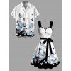 Vacation Couple Outfit Butterfly Floral Print Ruched Belt Dress and Shirt Set - Noir S | US 4