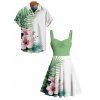 Vacation Couple Outfit Flower Leaf Print Ruched Bust Mini Dress and Shirt Set - Vert clair S | US 4
