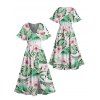 Vacation Couple Outfit for Beach Tropical Leaf Floral Print Slit Dress and Shirt Set - Vert clair S | US 4