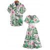 Vacation Couple Outfit for Beach Tropical Leaf Floral Print Slit Dress and Shirt Set - Vert clair S | US 4
