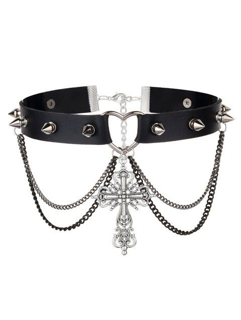 Collier ras du cou gothique avec pendentif croix et rivets