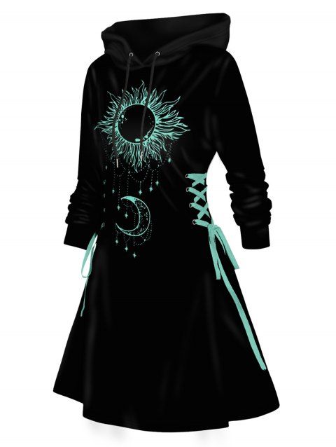 Mini Robe à Capuche Contrasté Lune et Soleil Imprimés à Lacets