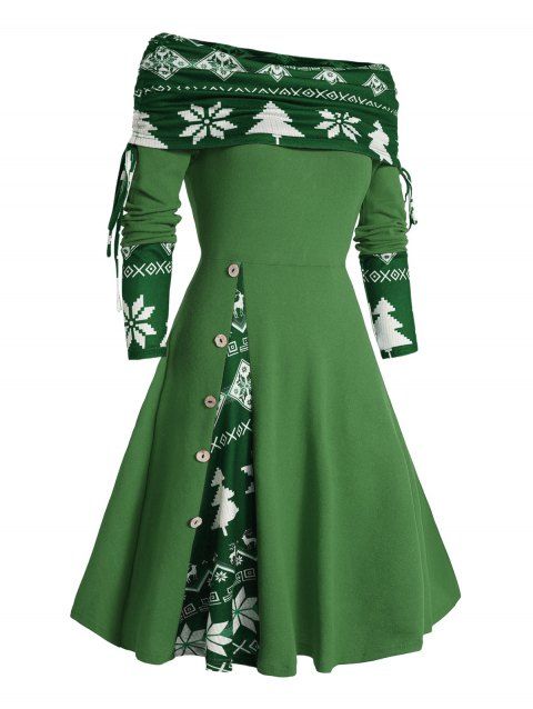Robe colorblock, robe de Noël, imprimé sapin et flocon de neige, mini-robe trapèze cintrée à manches longues et godets
