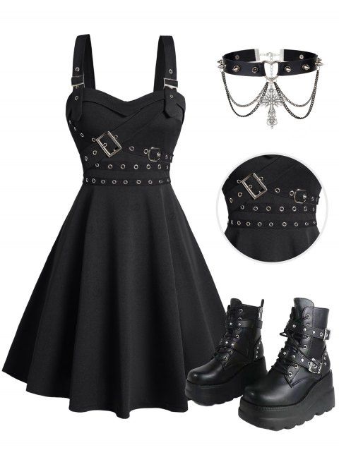 Gothic Women Outfit Grommet Buckle Strap Mini Dress and Chain Rivets Choker Zipper Boots Set