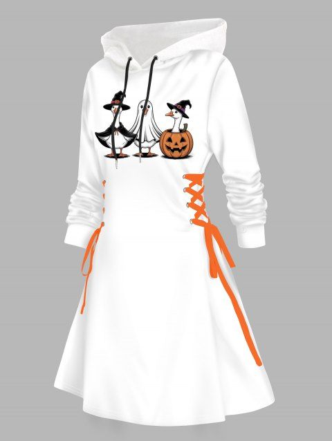 Robe à capuche d'Halloween, imprimé citrouille, fantôme, canard, mini-robe à lacets et cordons de serrage