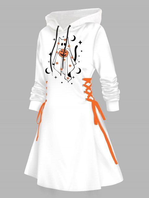 Robe à capuche d'Halloween, mini-robe à lacets et cordons de serrage, imprimé chat, citrouille et lune