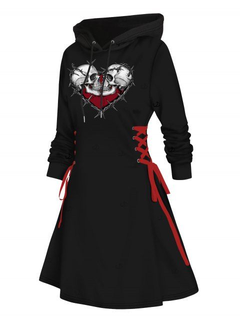 Robe à capuche gothique, mini-robe à lacets et cordons de serrage, imprimé cœur et tête de mort