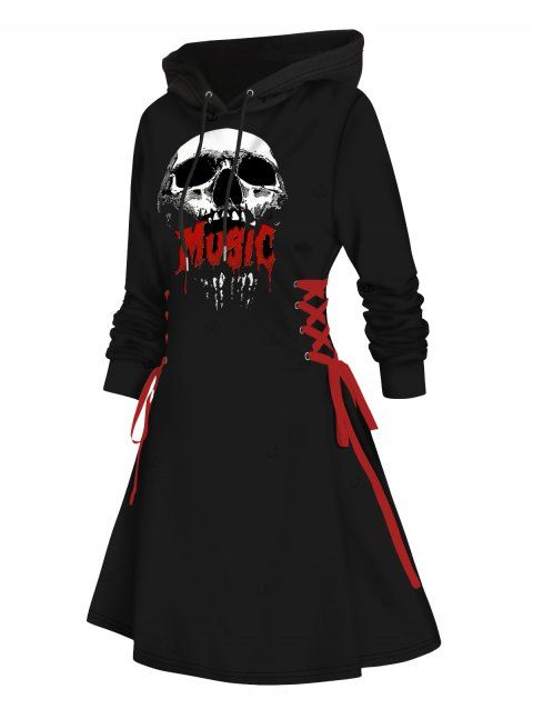 Punk Hoodie Dress for Halloween Skull Letter Print Lace Up Drawstrings Mini Dress