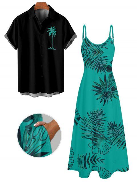 Vacation Couple Outfit Tropical Leaf Print Pocket Long Dress and Shirt Beach Set