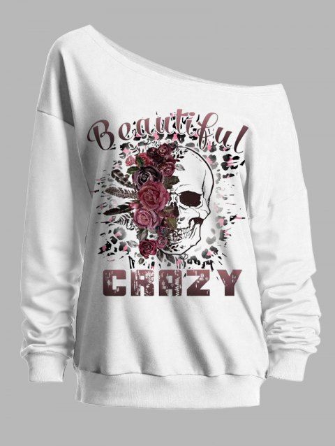 Sweat-shirt gothique pour Halloween, haut à col oblique avec imprimé tête de mort et roses