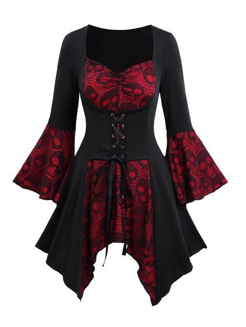 Haut gothique pour Halloween, haut long à lacets avec ourlet mouchoir et tête de mort colorblock