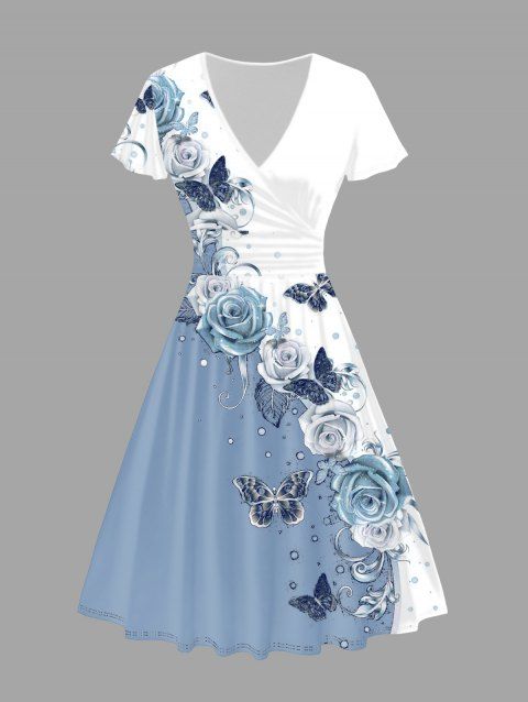 Robe trapèze taille haute à imprimé papillon et rose, col en V, manches à volants