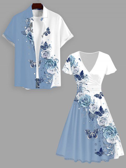 Butterfly Rose Print Women's V Neck Ruffle Sleeve Surplice Dress and Men's Roll Up Sleeve Shirt Gentleman Shirt Resort Outfit