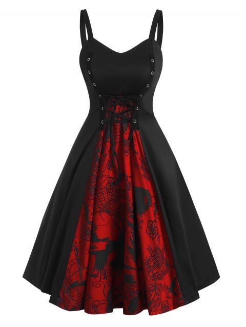 Robe d'Halloween à lacets colorblock, mini-robe trapèze sans manches