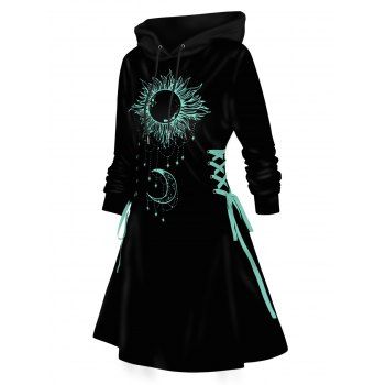 Mini Robe à Capuche Contrasté Lune et Soleil Imprimés à Lacets