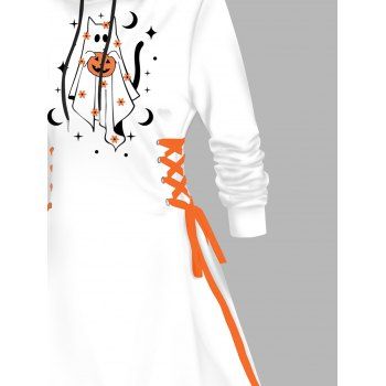 Halloween Hoodie Dress Cat Pumpkin Moon Print Lace Up Drawstrings Mini Dress