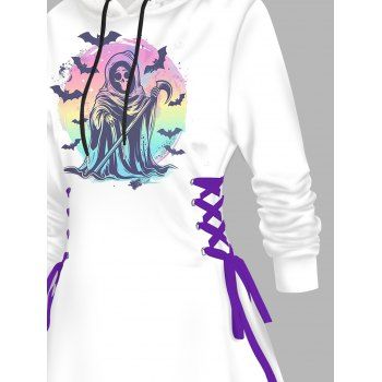 Gothic Hoodie Dress Skull Wizard Bat Print Lace Up Drawstrings Mini Dress