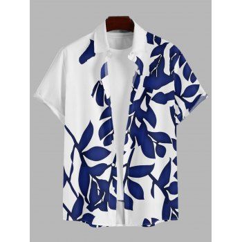 Vacation Couple Outfit for Beach Leaf Plant Print Midi Slit Dress and Shirt Set