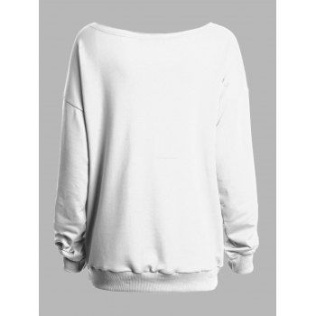 Gothic Sweatshirt for Halloween Skulls Letter Rose Print Skew Neck Top