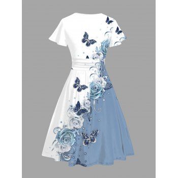 Butterfly Rose Print V Neck Ruffle Sleeve Surplice Dress High Waist A-line Dress