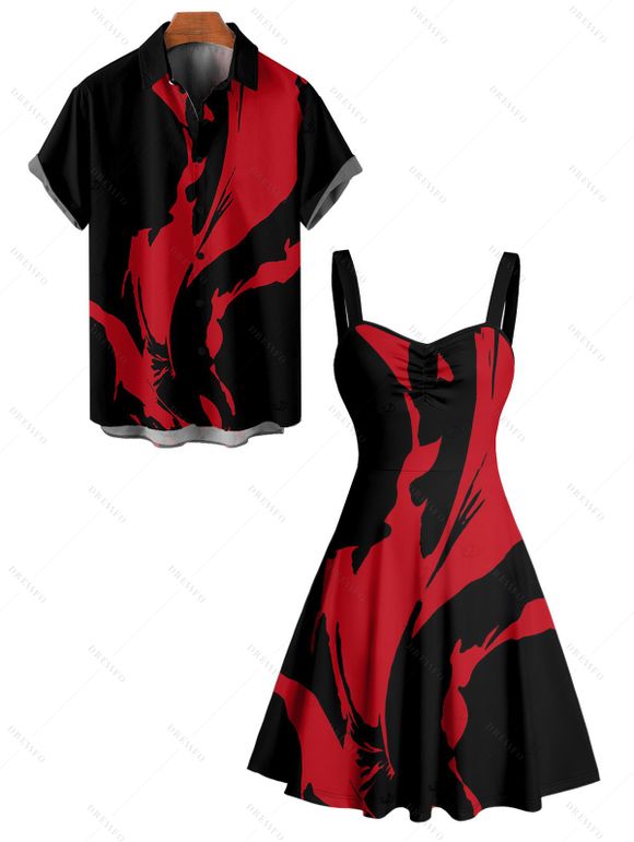 Gothic Couple Outfit Printed Ruched Bust Mini Dress and Shirt Matching Set - Noir S | US 4