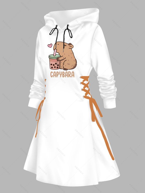 Robe à capuche mignonne, imprimé animal de dessin animé, mini-robe à lacets et cordons de serrage - Blanc XXL | US 14
