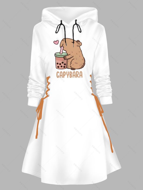 Robe à capuche mignonne, imprimé animal de dessin animé, mini-robe à lacets et cordons de serrage - Blanc XXL | US 14