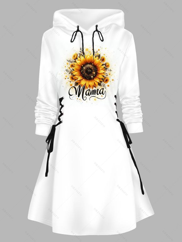 Robe à capuche à imprimé tournesol, mini-robe à lacets et cordons de serrage - Blanc L | US 8-10