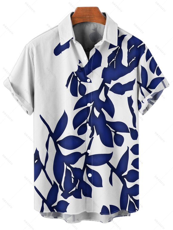 Chemise de vacances pour homme, boutonnée, imprimé feuilles et plantes, pour la plage - Bleu profond 5XL