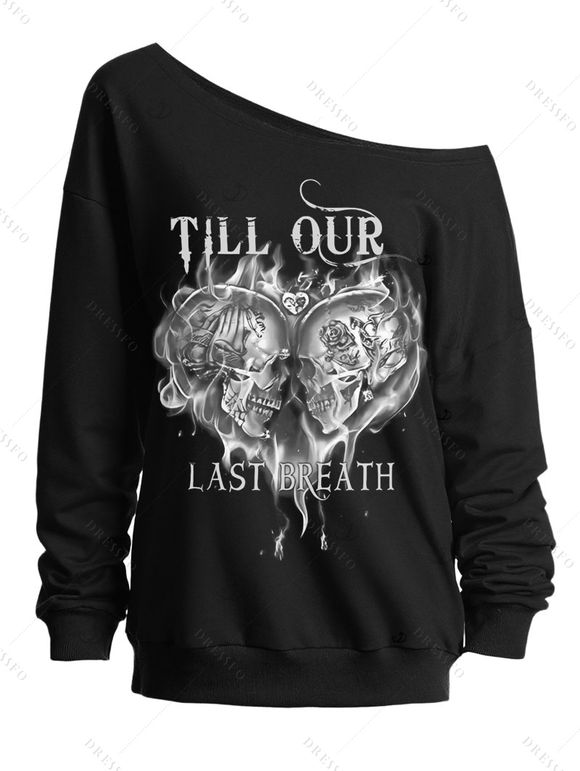 Sweat-shirt gothique pour Halloween, imprimé tête de mort, cœur, lettres, col oblique - Noir XXL | US 14