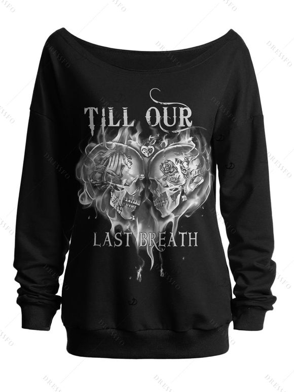 Sweat-shirt gothique pour Halloween, imprimé tête de mort, cœur, lettres, col oblique - Noir XXL | US 14