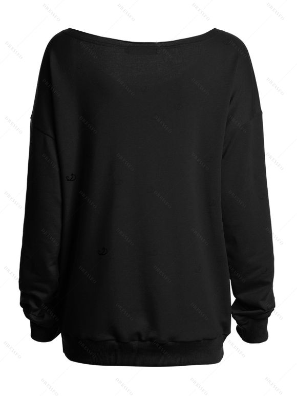 Sweat-shirt gothique pour Halloween, imprimé tête de mort, cœur, lettres, col oblique - Noir XXL | US 14